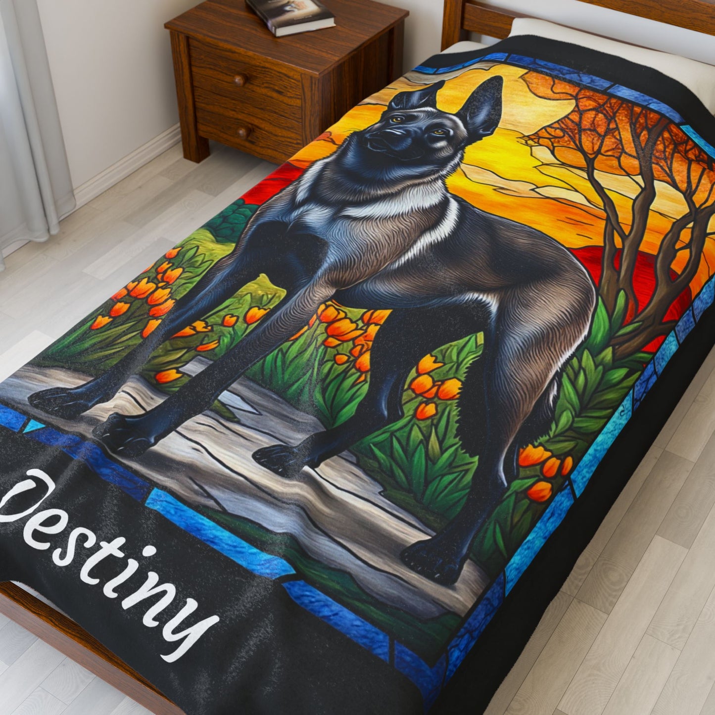 Belgian Malinois gray sable velveteen blanket, stained glass dog throw, personalized pet gift - MySisterIsASurvivor