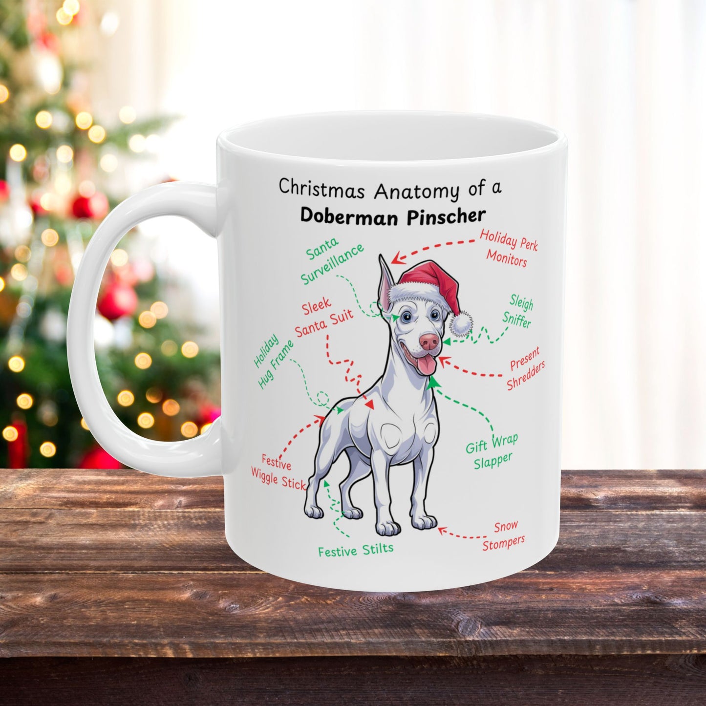 White Doberman Christmas dog anatomy mug, custom holiday cup for breed enthusiasts