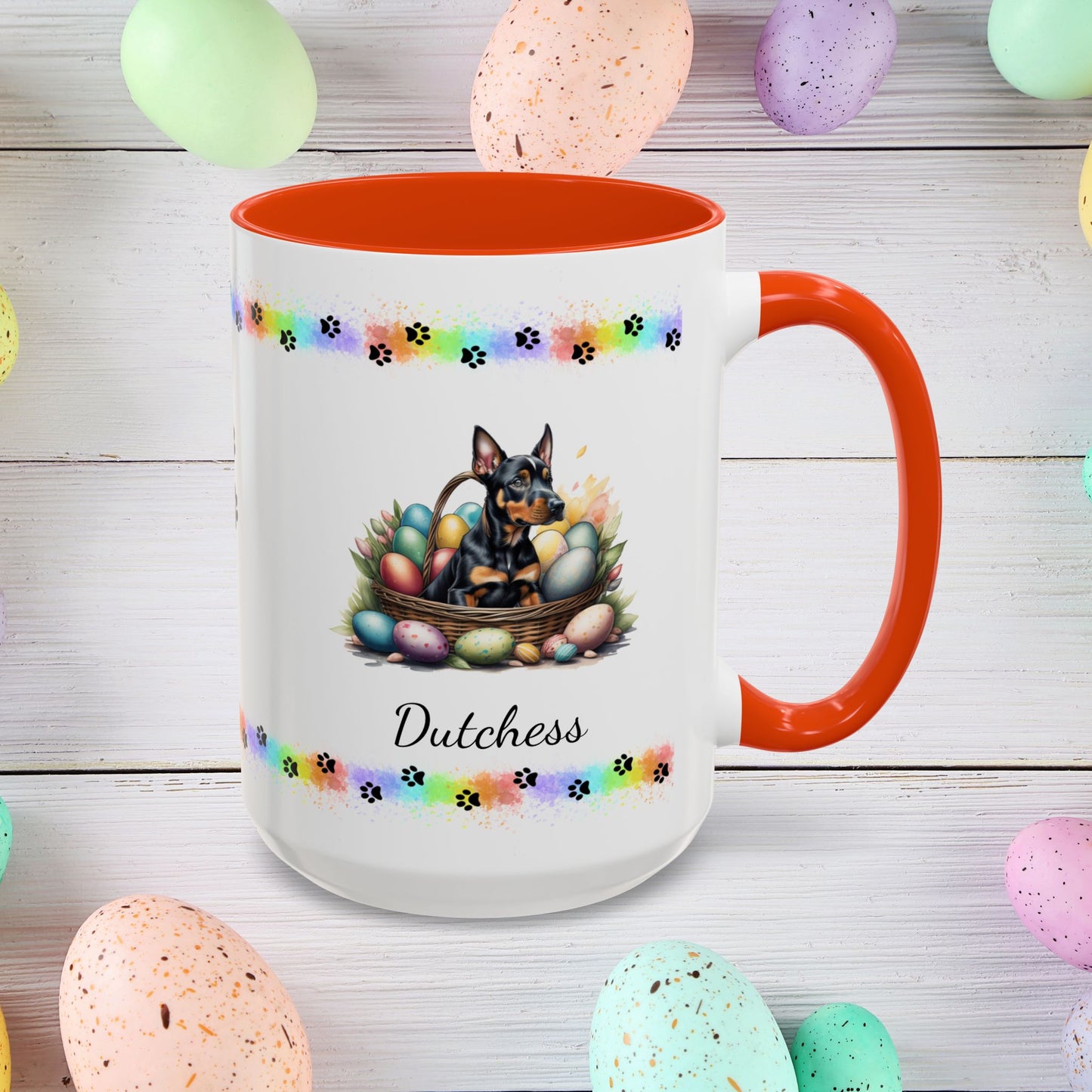 Doberman personalized Easter puppy mug, cute dog coffee cup gift for mental health awareness and comfort