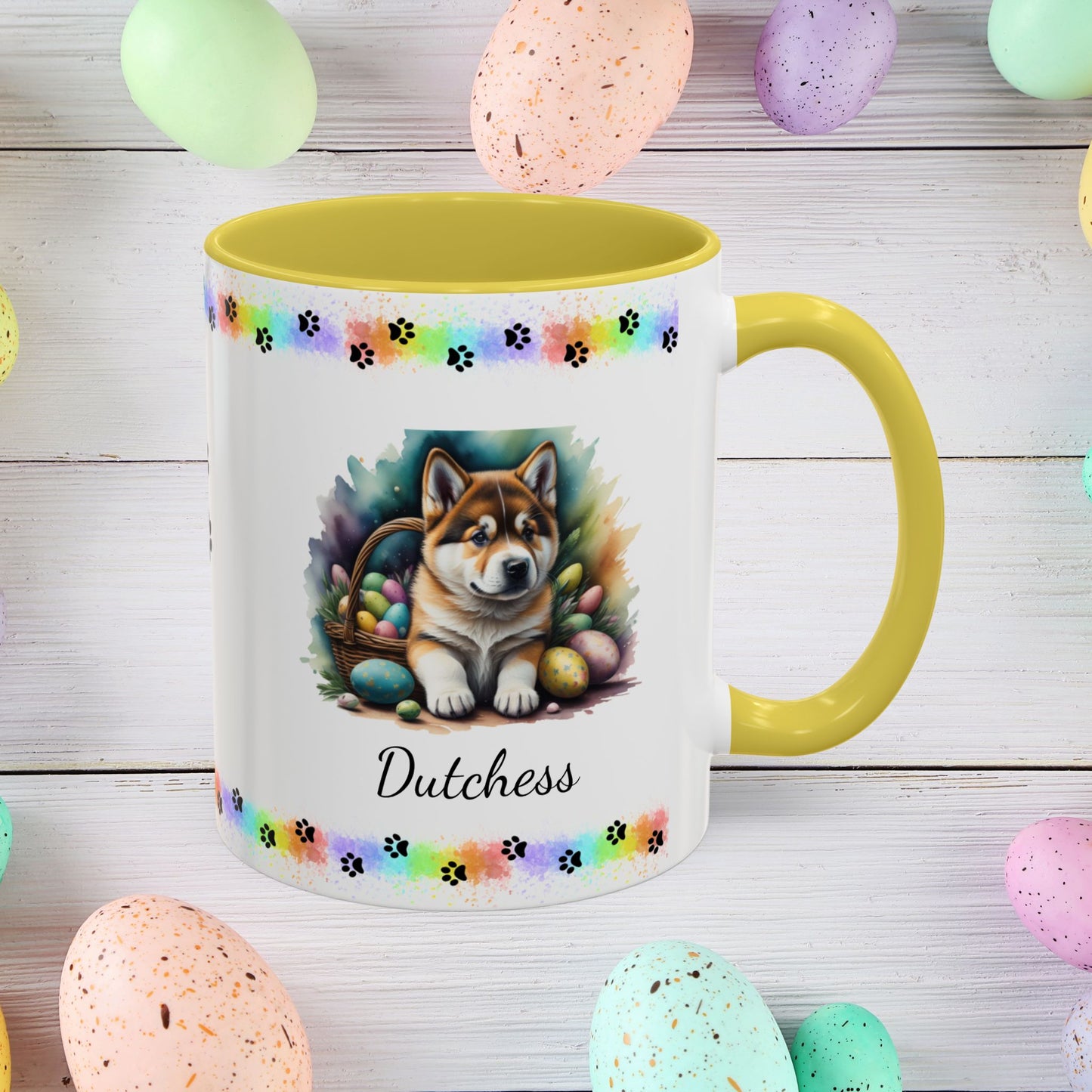Akita personalized Easter puppy mug, cute dog coffee cup gift for mental health awareness and cozy sipping