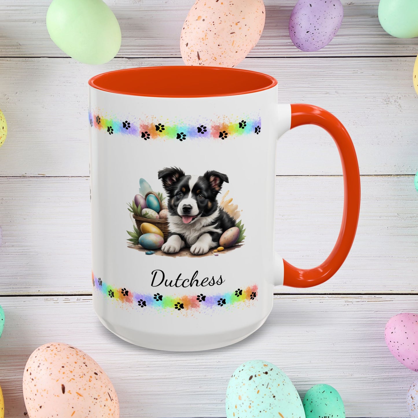 Border Collie Black & White Easter puppy coffee mug, personalized cute dog gift for mental health support