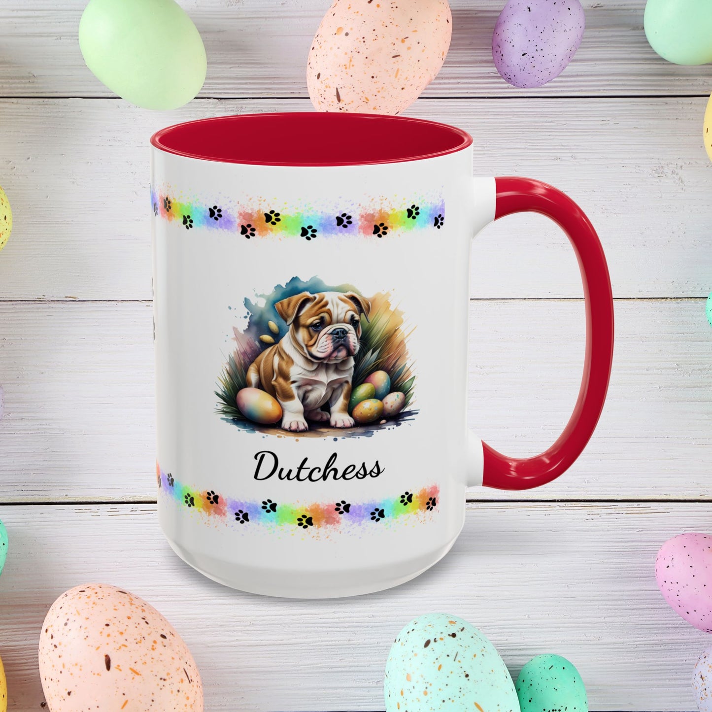 Bulldog Easter puppy coffee mug, personalized cute dog gift for mental health support and cozy mornings
