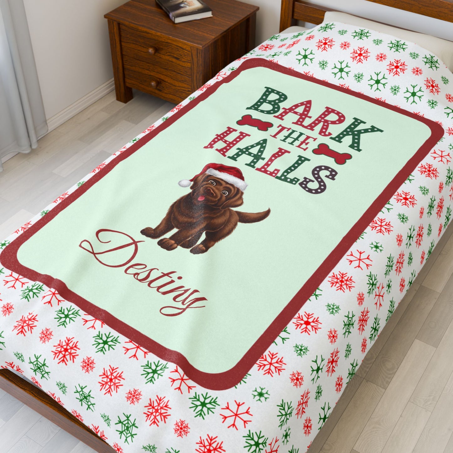 Labrador Retriever Chocolate custom velveteen blanket Bark The Halls cozy Christmas gift for pet lovers