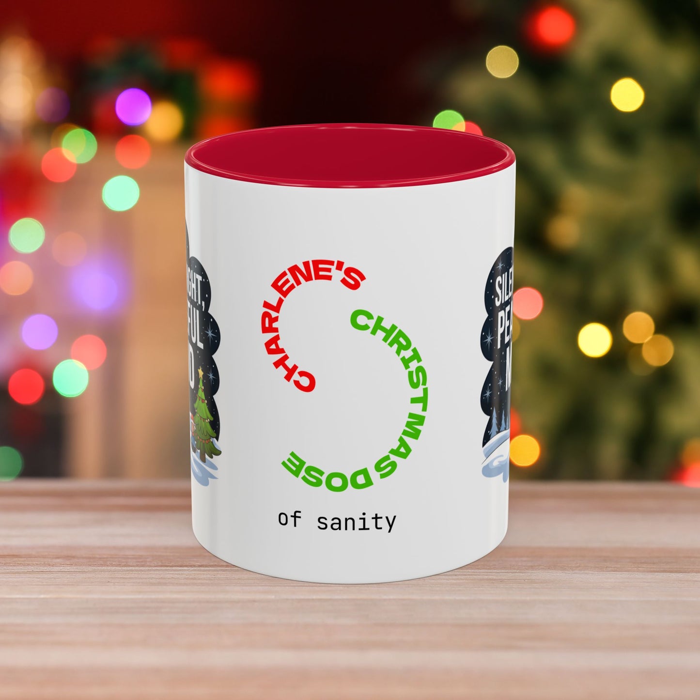 Silent Night Peaceful Mind Mug - Holiday Self-Care Coffee Cup, Thoughtful Mental Health Gift with Red Green or Black Accent