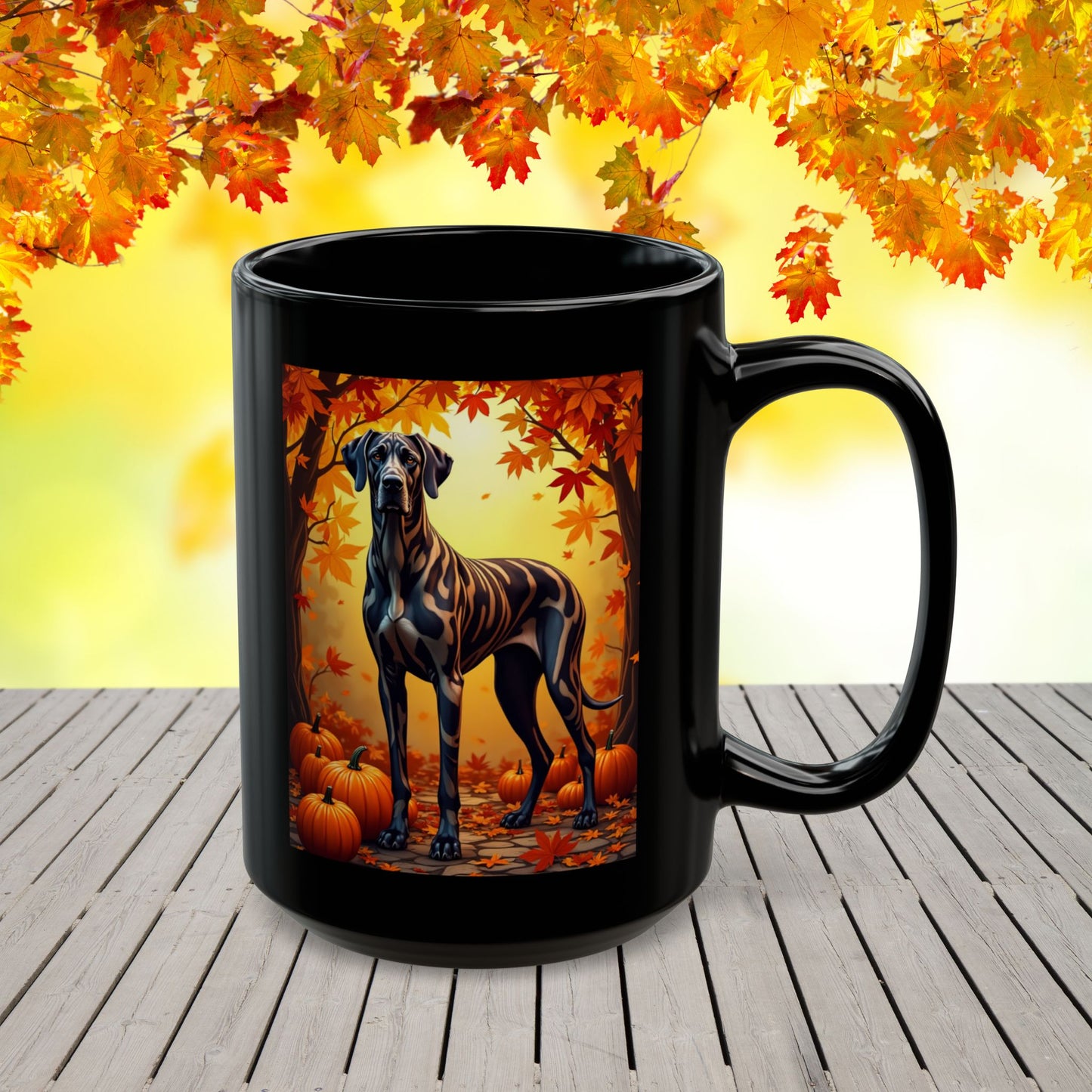 Great Dane Brindle - Autumn mug, custom fall coffee cup for gentle giant dog lovers