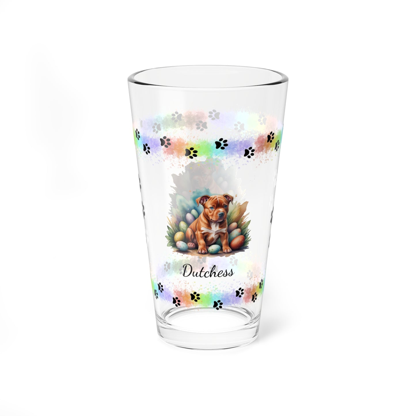 Pitbull (Red) Personalized Easter Puppy 16oz Pint Glass - Custom Dog Design, Mental Health Gift, Easter Décor, and Festive Celebrations