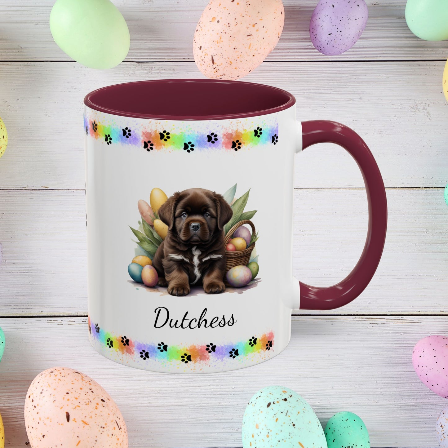 Newfoundland Brown Easter puppy coffee mug, personalized cute dog coffee cup gift for mental health support