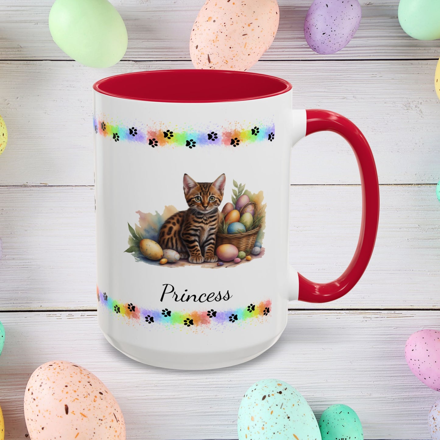 Bengal personalized Easter coffee mug, adorable kitten design, cute cat gift for mental health awareness and comfort