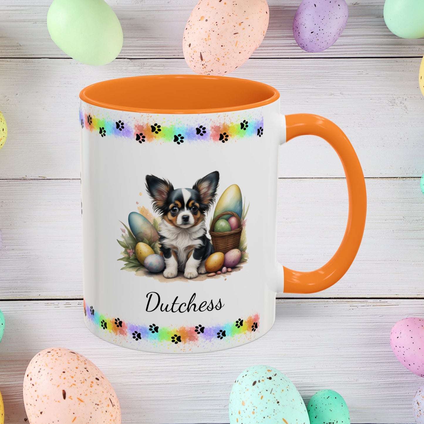 Papillon White, Black & Tan Easter puppy coffee mug, personalized cute dog coffee cup gift for mental health support