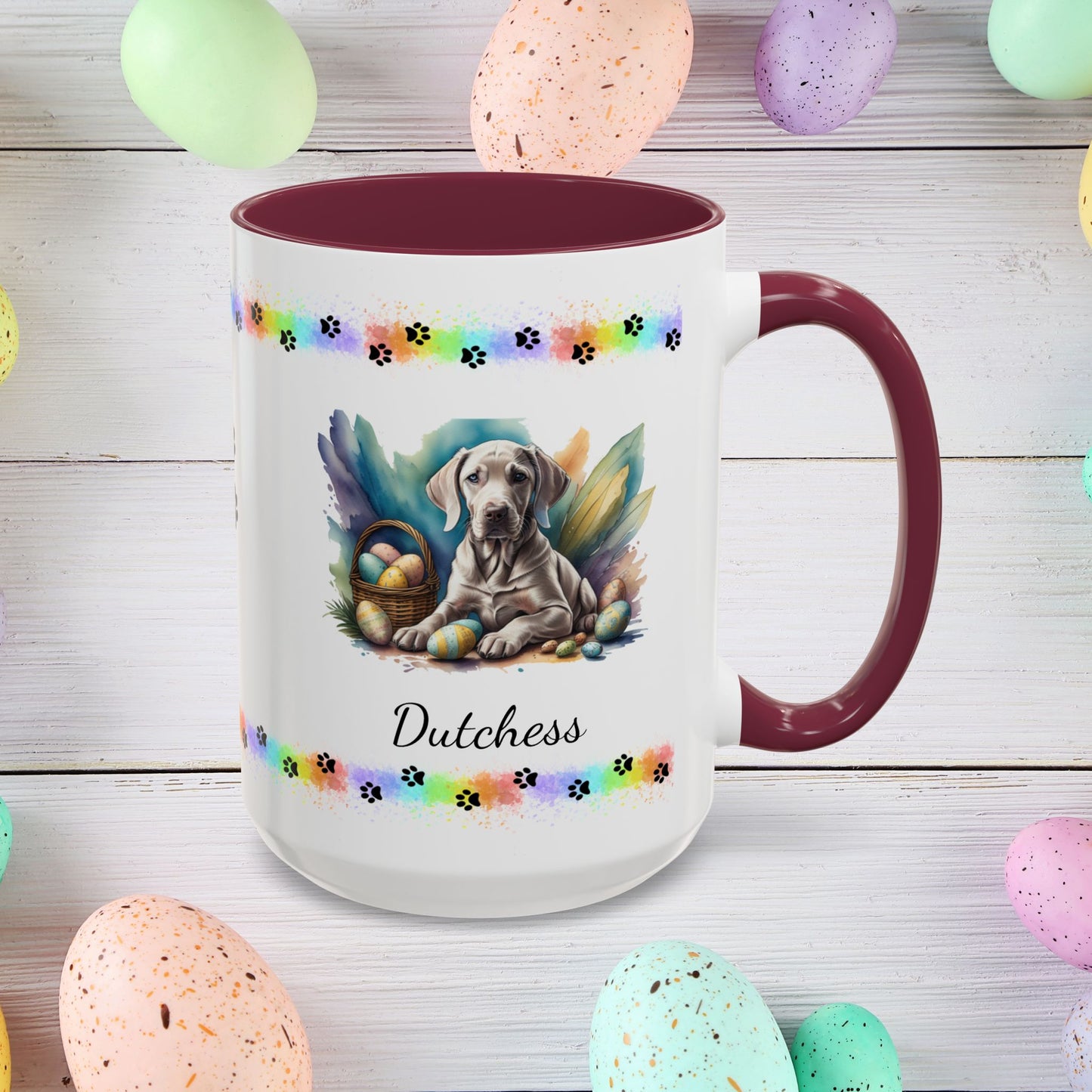 Weimaraner taupe Easter puppy coffee mug personalized dog design, ideal for promoting calm, comfort, and spring cheer.