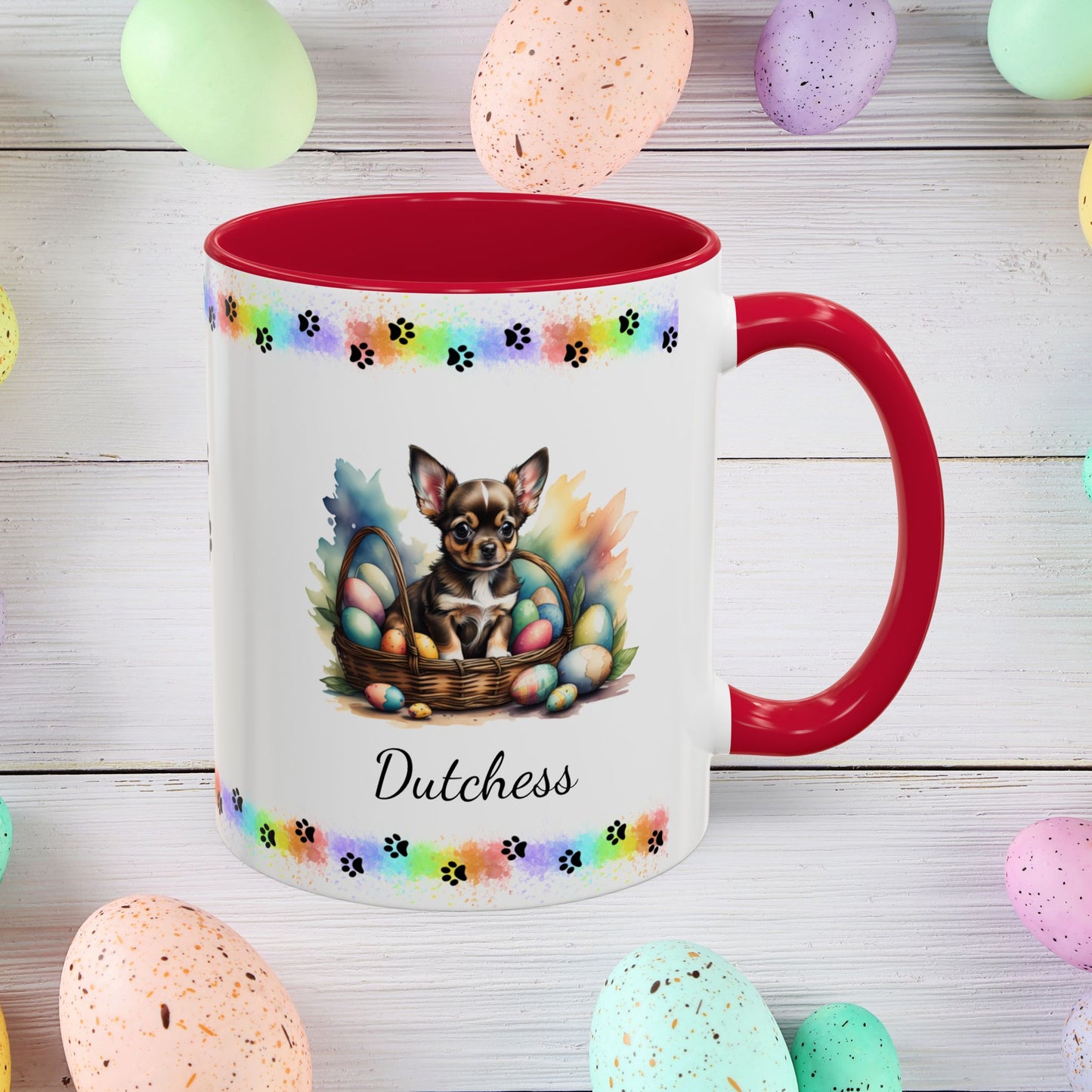 Chihuahua (Black Tri): Personalized Easter Puppy Coffee Mug - Adorable Dog Design, Mental Health Gift, 11oz & 15oz, 12 Color Choices, Easter Gifts & Décor