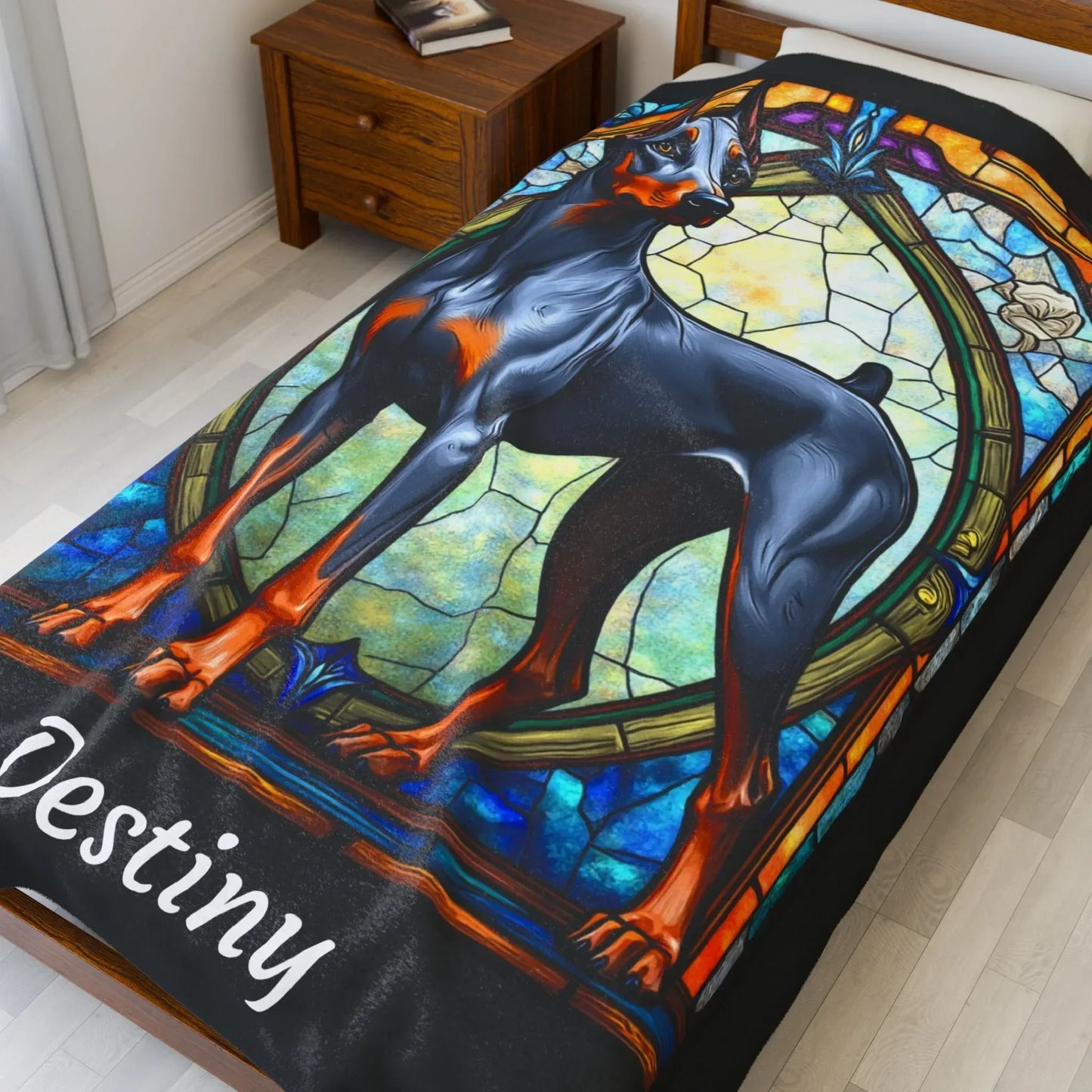 Shop our premium doberman blue rust personalized velveteen plush blanket from MySisterIsASurvivor.
