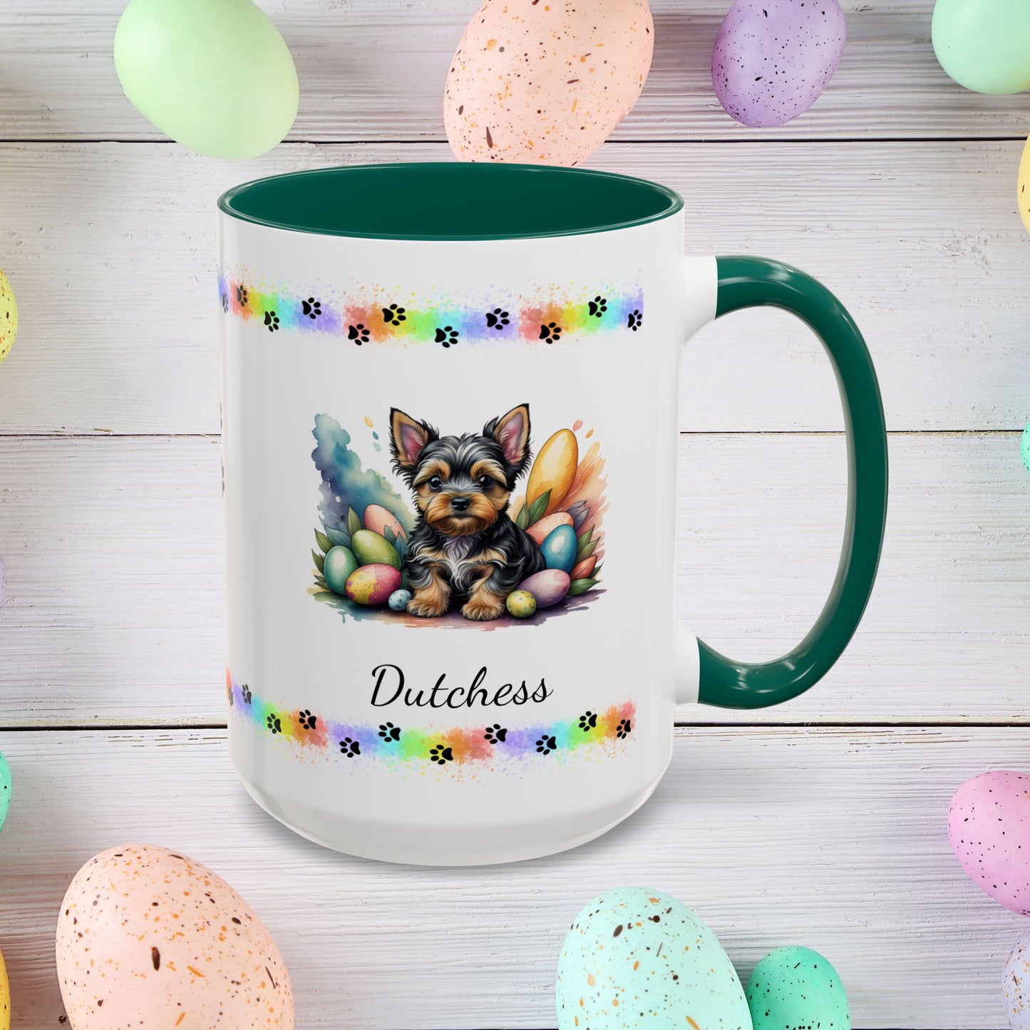 Yorkshire Terrier Easter puppy coffee mug personalized dog gift, perfect for mindfulness, self-care, and spring positivity.