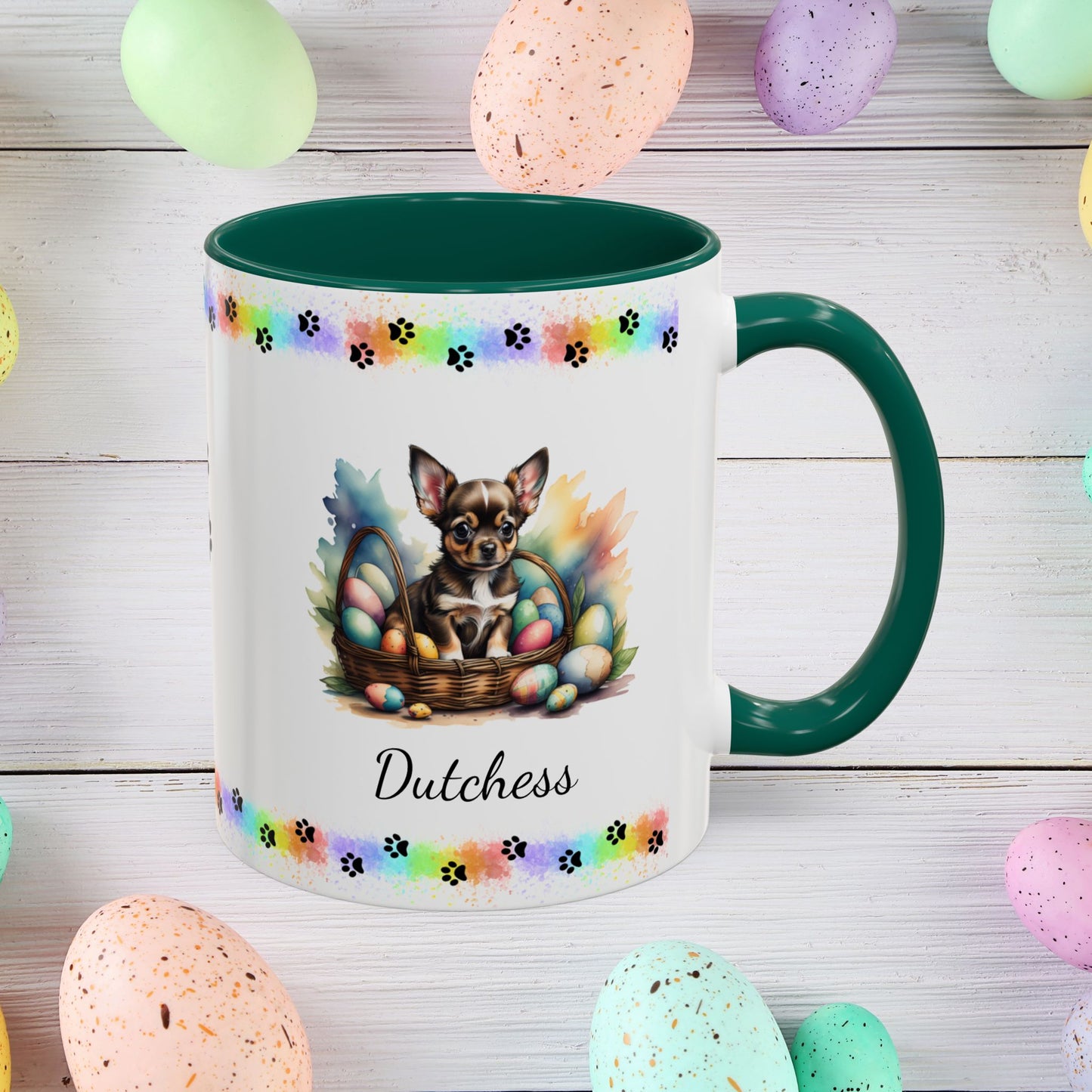 Chihuahua (Black Tri): Personalized Easter Puppy Coffee Mug - Adorable Dog Design, Mental Health Gift, 11oz & 15oz, 12 Color Choices, Easter Gifts & Décor