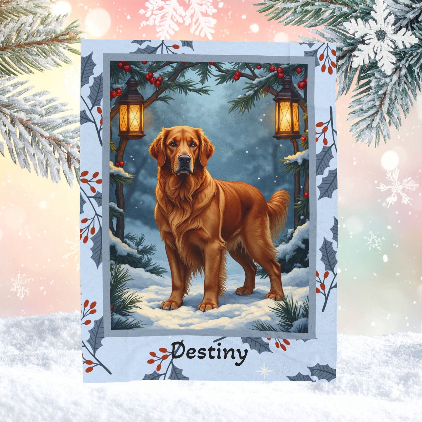 Golden Retriever Dark Golden custom winter blanket showing a loyal retriever in a bright illustrated lodge scene