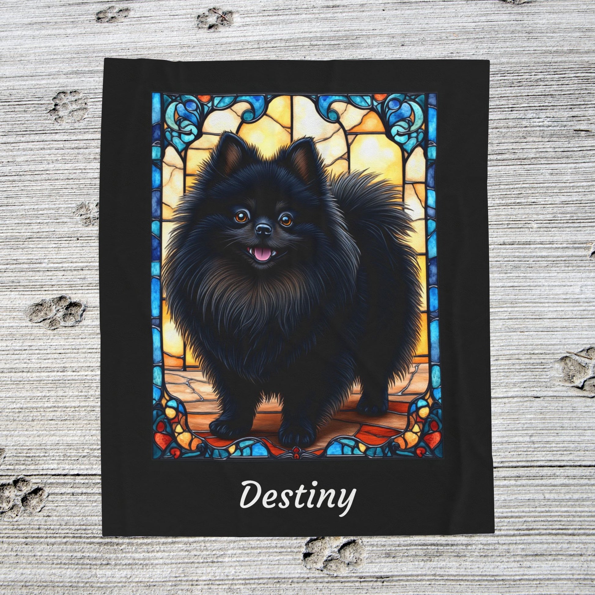 Pomeranian Black Coat Blanket, Velveteen Plush Stained Glass Dog Throw, Custom Gift for Humans