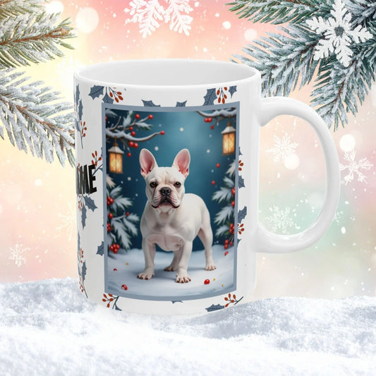 Shop our french bulldog white winter lodge mug featuring the 15oz style option from MySisterIsASurvivor.