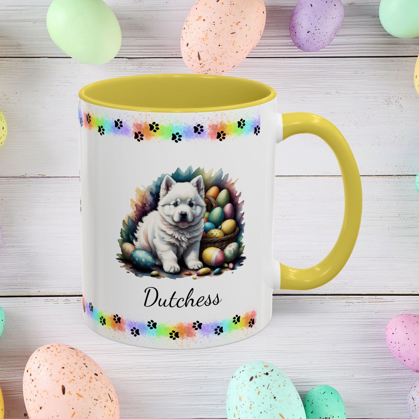 Samoyed Easter puppy coffee mug personalized dog design, cozy mental health gift for spring and daily mindfulness.