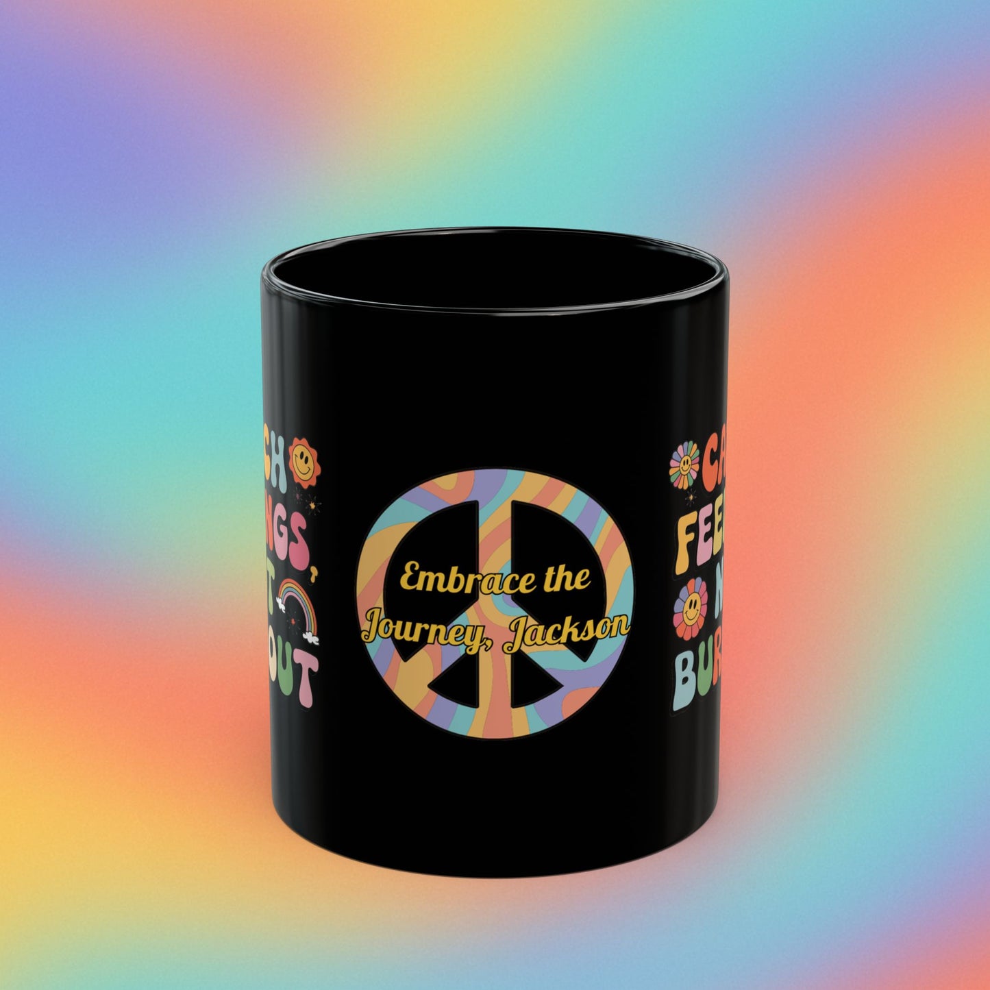 Catch Feelings Not Burnout personalized coffee mug, retro 70s mental health cup, self-care gift - MySisterIsASurvivor
