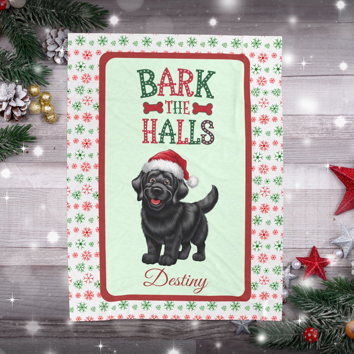 Labrador Retriever (Black) personalized velveteen blanket, cozy Bark The Halls holiday dog throw
