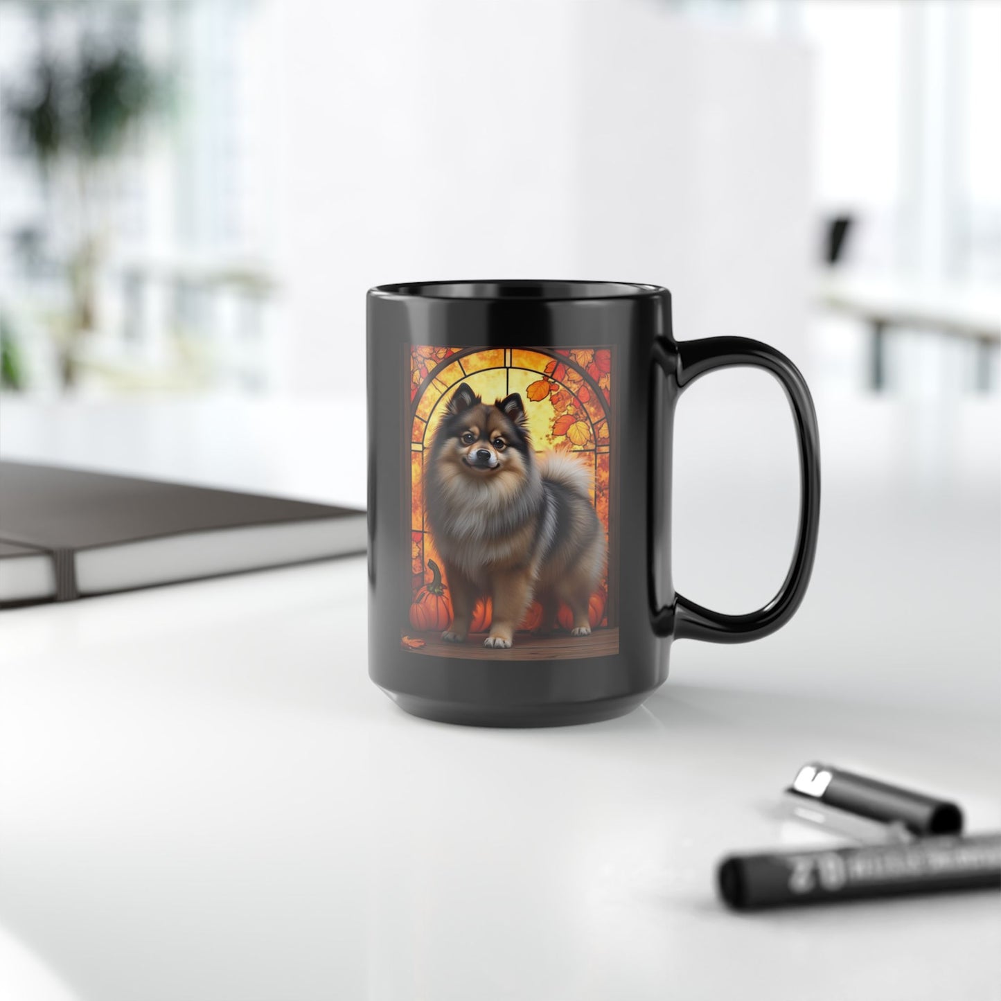Wolf Sable Pomeranian autumn mug, personalized coffee cup for dog moms, dads, and Pom enthusiasts