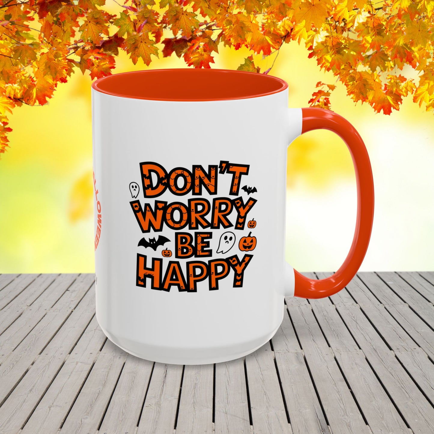 Don't Worry, Be Happy Halloween Mug -custom name coffee cup with cheerful uplifting quote