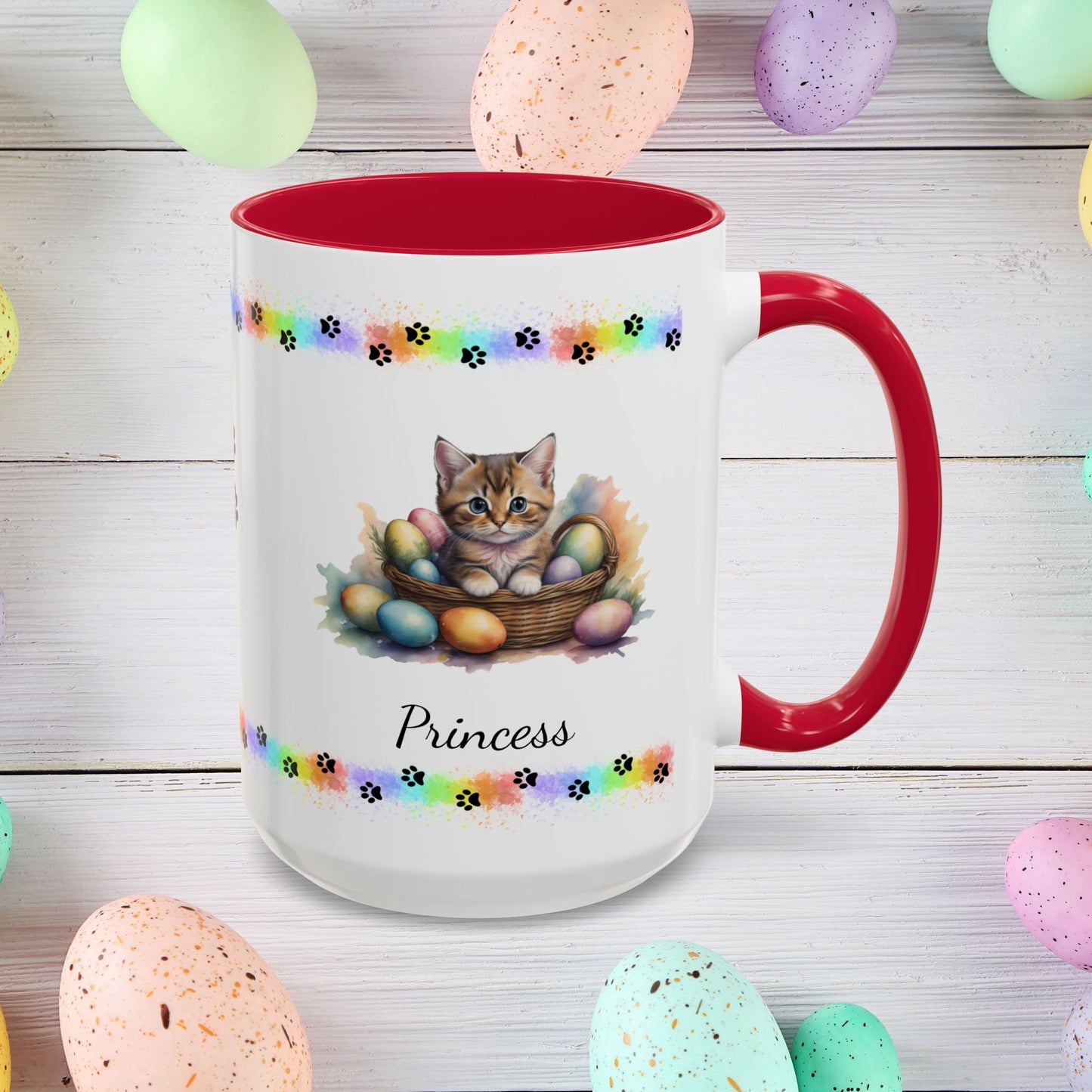 Munchkin personalized Easter coffee mug, cute kitten design, mental health awareness gift for cat lovers