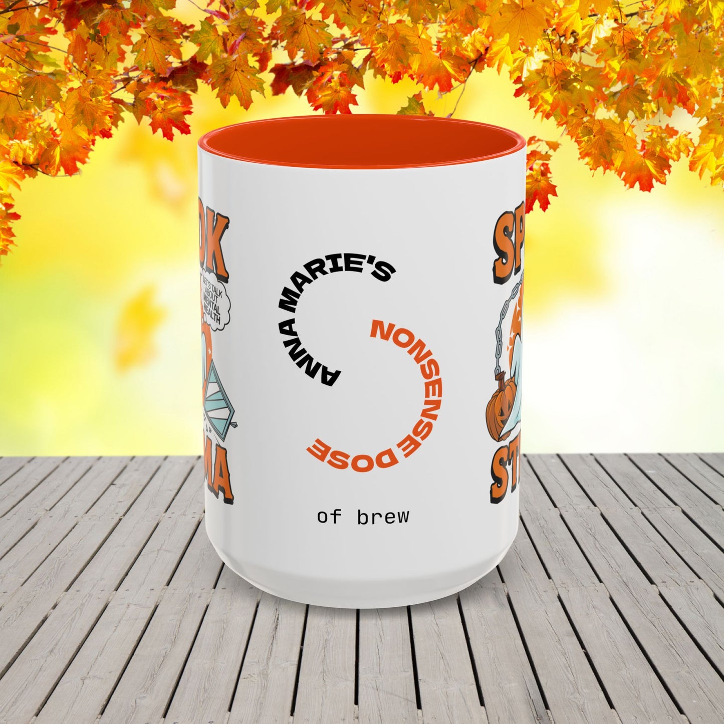 Bold Halloween mug with “Spook the Stigma” message, great for mental health awareness and fighting stigma
