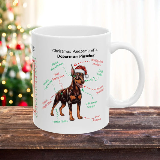 Shop our doberman pinscher red rust christmas anatomy mug featuring the 15oz style option from MySisterIsASurvivor.
