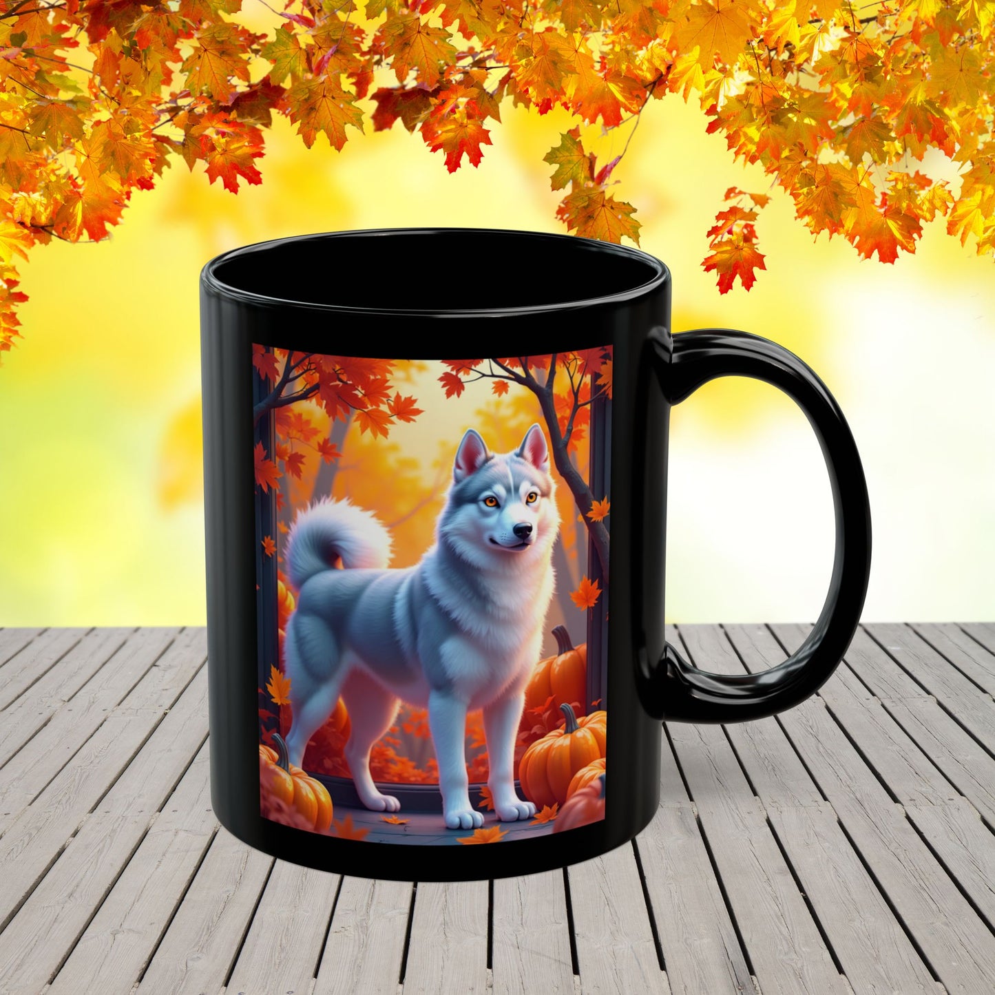 Silver Siberian Husky (Amber Eyes) autumn coffee mug, personalized gift for Husky lovers and dog parents