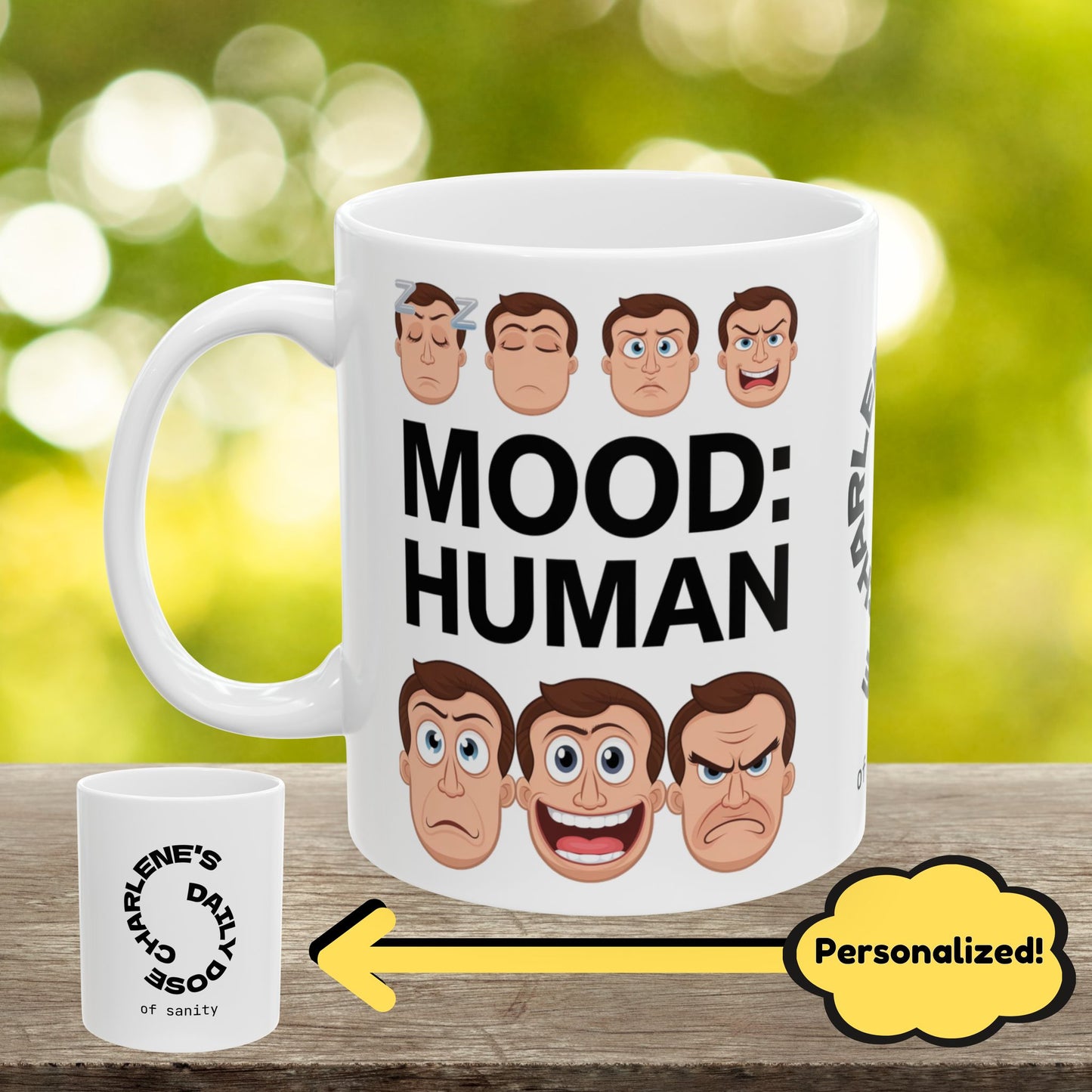 "Mood: Human" funny mental health mug, custom ceramic coffee cup for relaxation, anxiety relief, and self-care.