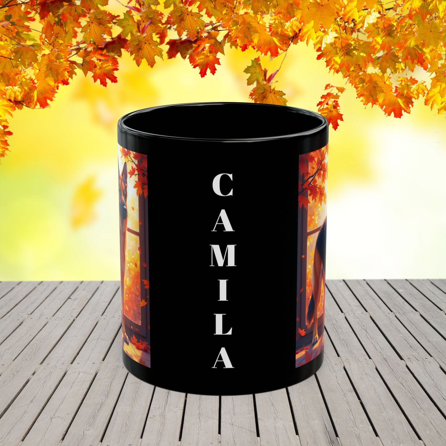 Black & Red German Shepherd Autumn Custom Mug - Personalized Fall Dog Coffee Cup for Home or Office