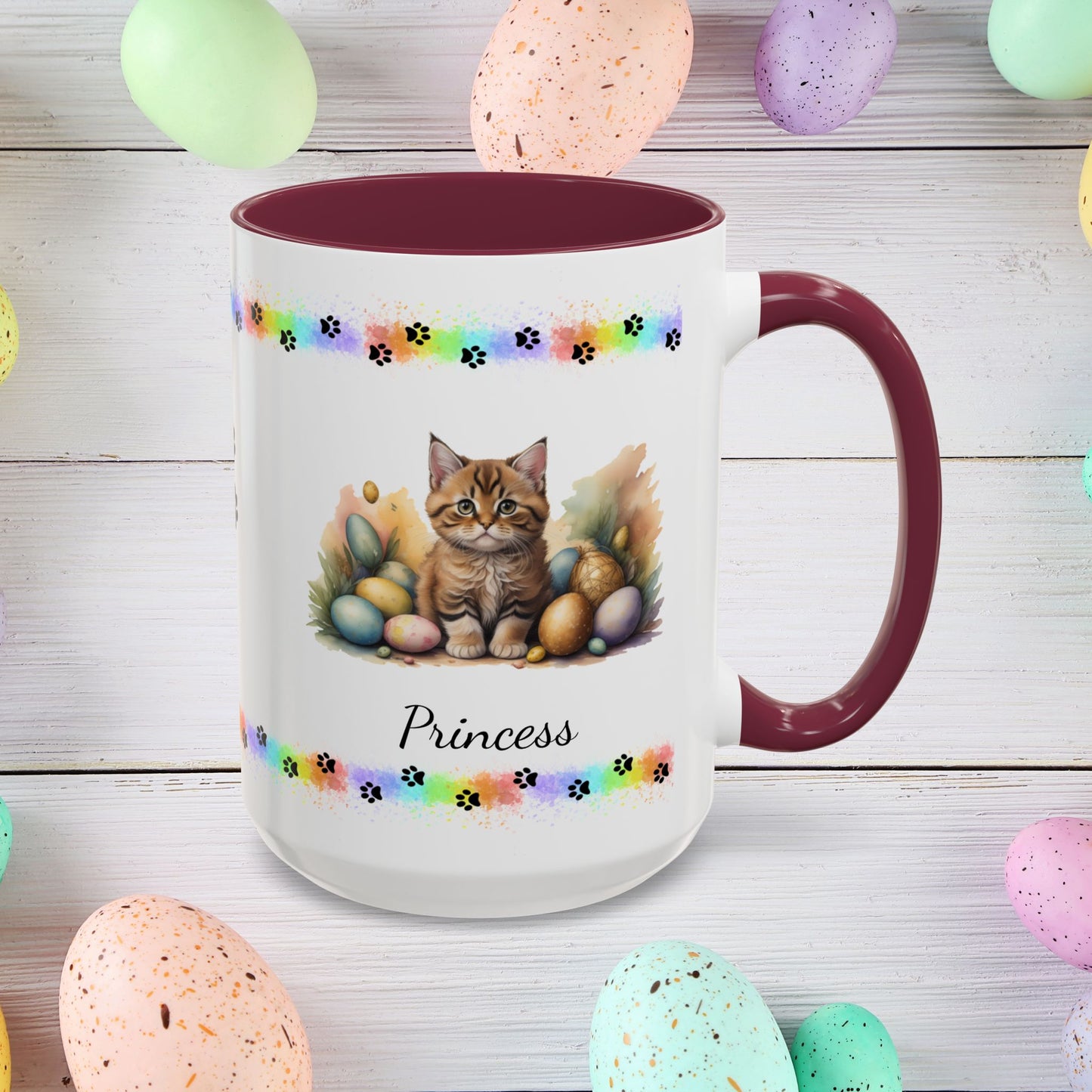 Bobtail: Personalized Easter Kitten Coffee Mug - Adorable Cat Design, Mental Health Gift, 11oz & 15oz, 12 Color Choices, Easter Gifts & Décor