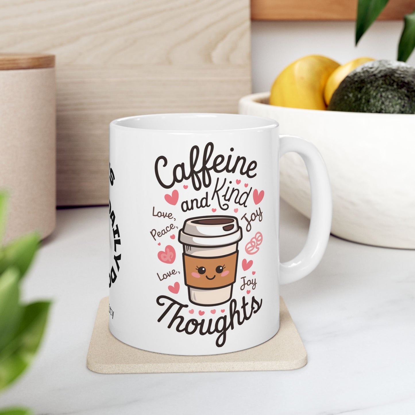 "Caffeine And Kind Thoughts" funny mental health mug, personalized for anxiety relief and self-care affirmations.