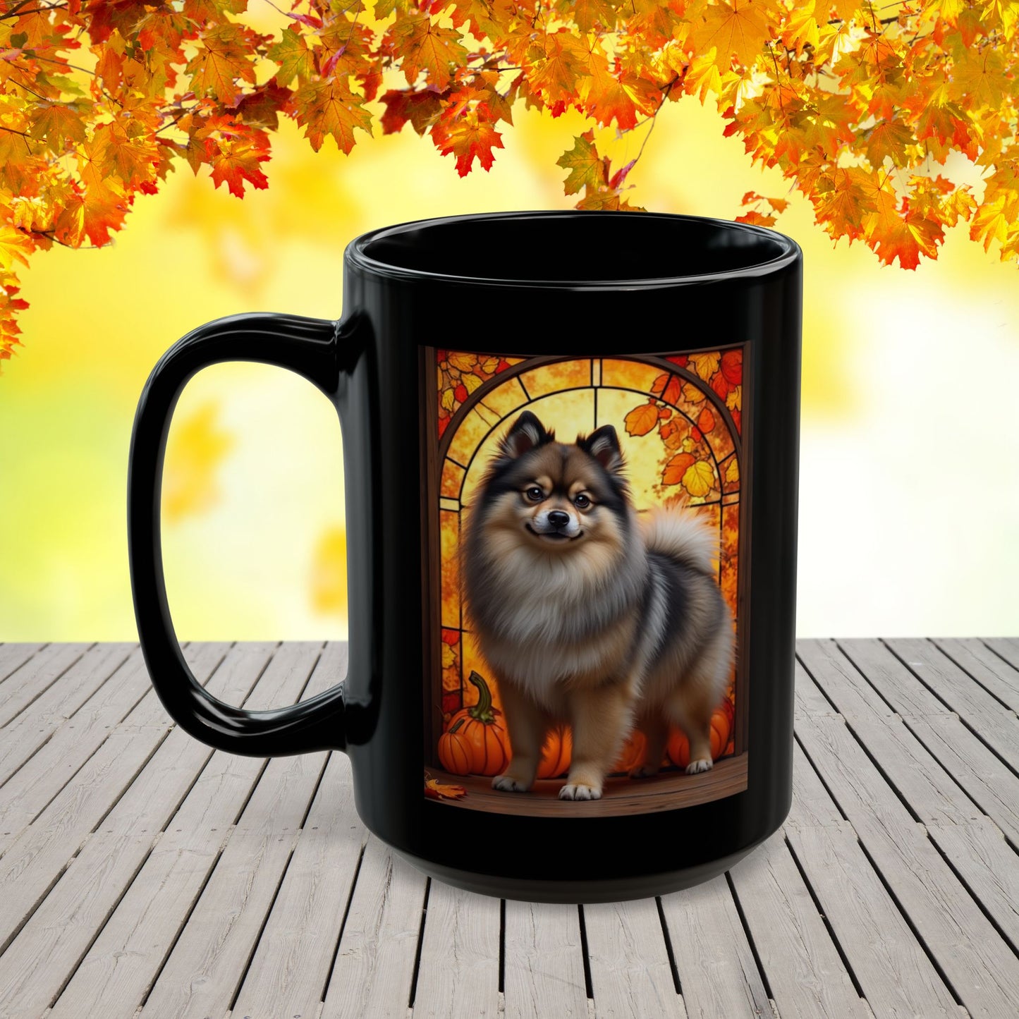 Wolf Sable Pomeranian autumn mug, personalized coffee cup for dog moms, dads, and Pom enthusiasts