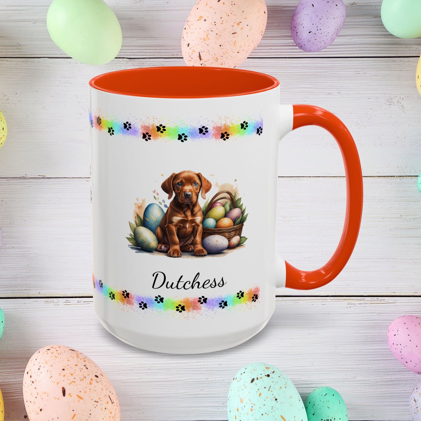 Vizsla Easter puppy coffee mug personalized adorable dog lover gift, great for mindful self-care and Easter gifting.