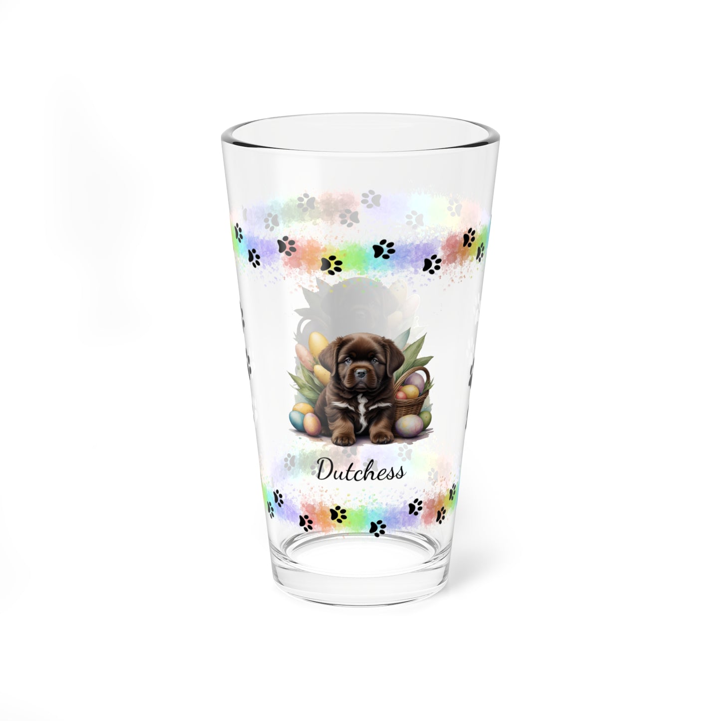 Newfoundland (Brown) Personalized Easter Puppy 16oz Pint Glass - Custom Dog Design, Mental Health Gift, Easter Décor, and Festive Celebrations