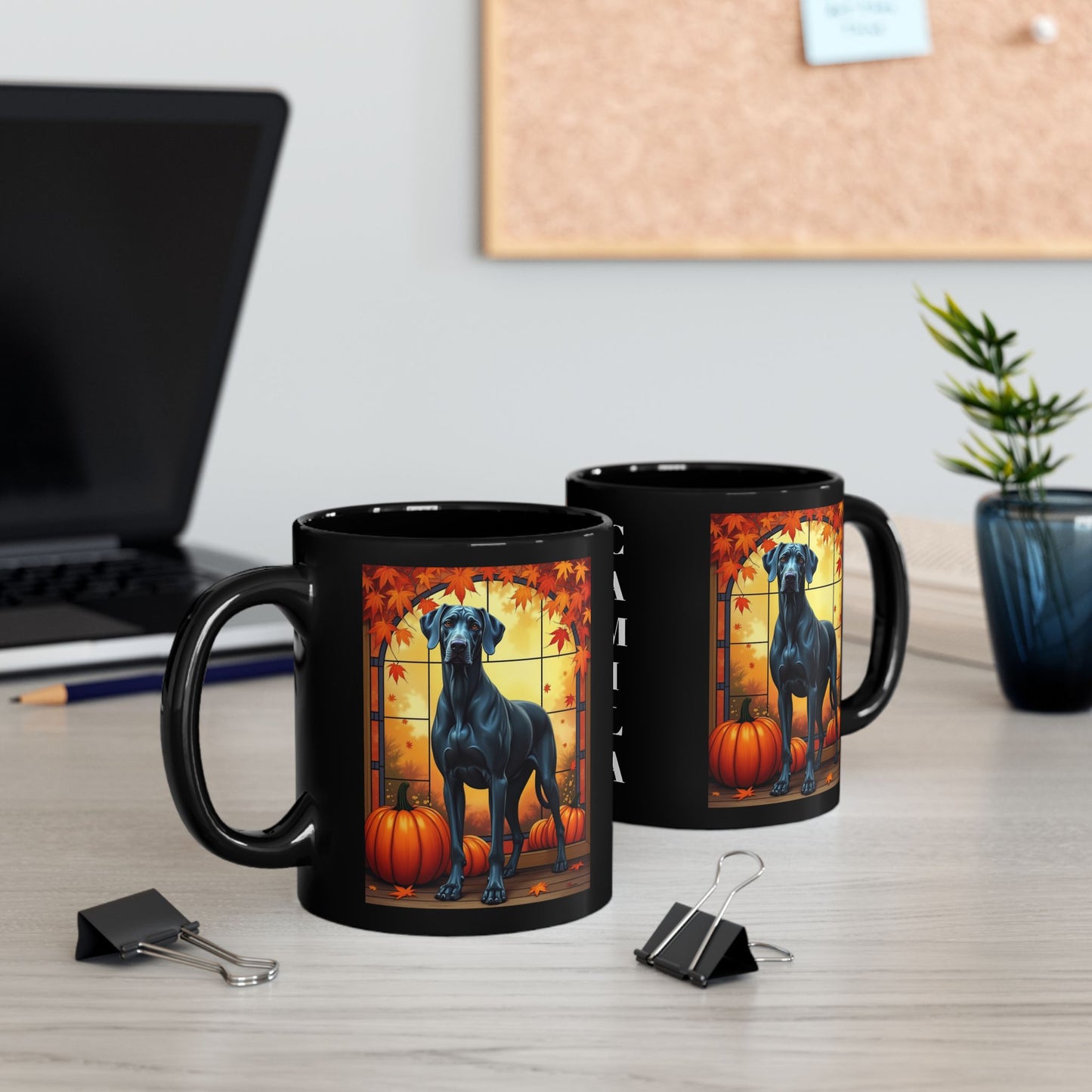 Great Dane Blue - Autumn black mug, seasonal dog mom and dad coffee gift for Great Dane fans