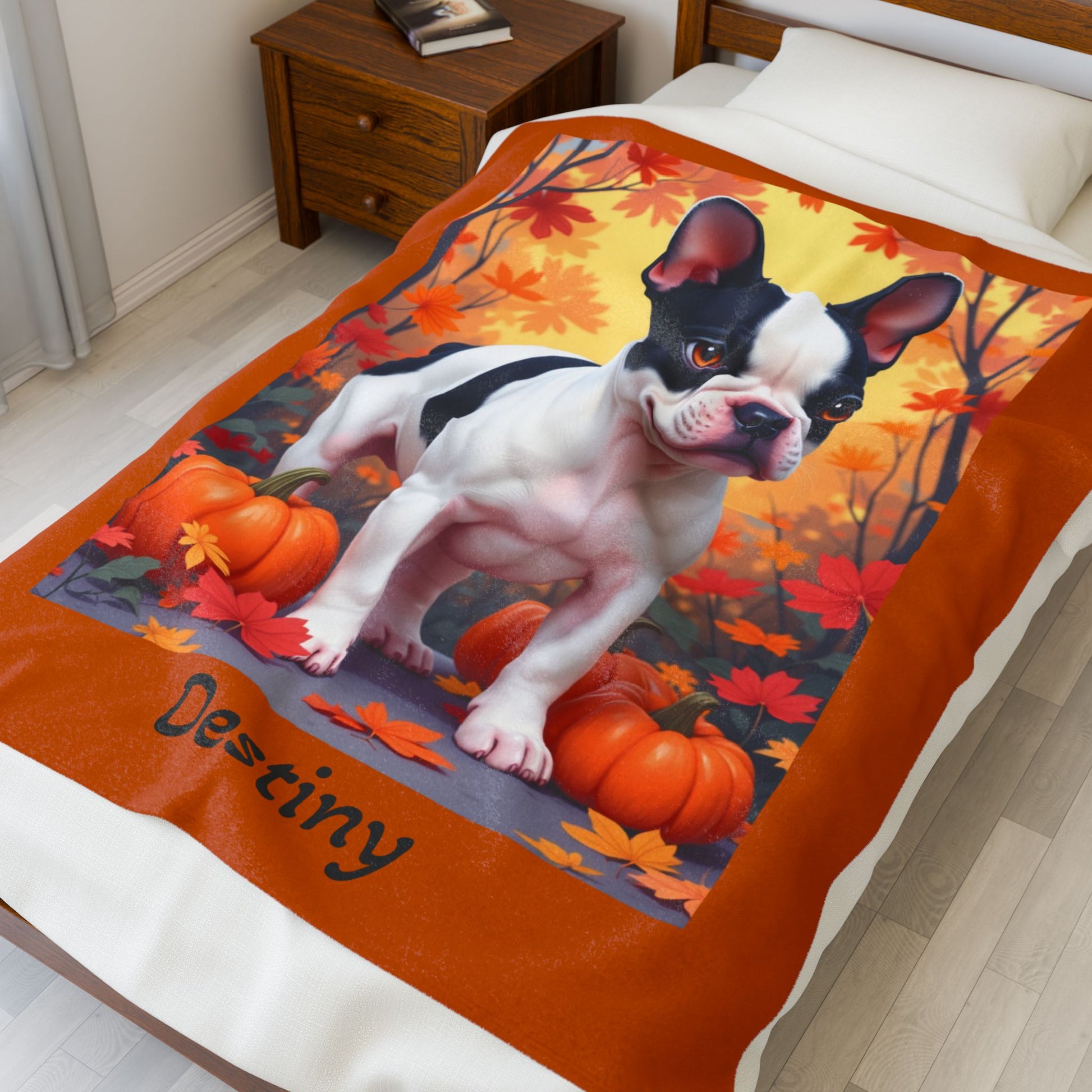 French Bulldog Black & Pied Coat Velveteen Blanket, Personalized Plush Dog Throw, Frenchie Lover Gift