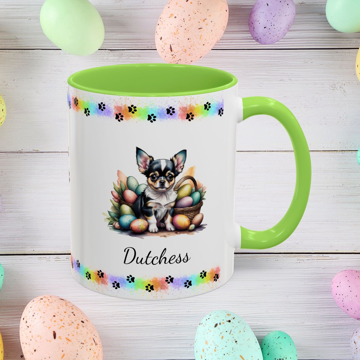 Chihuahua (Blue Tri): Personalized Easter Puppy Coffee Mug - Adorable Dog Design, Mental Health Gift, 11oz & 15oz, 12 Color Choices, Easter Gifts & Décor