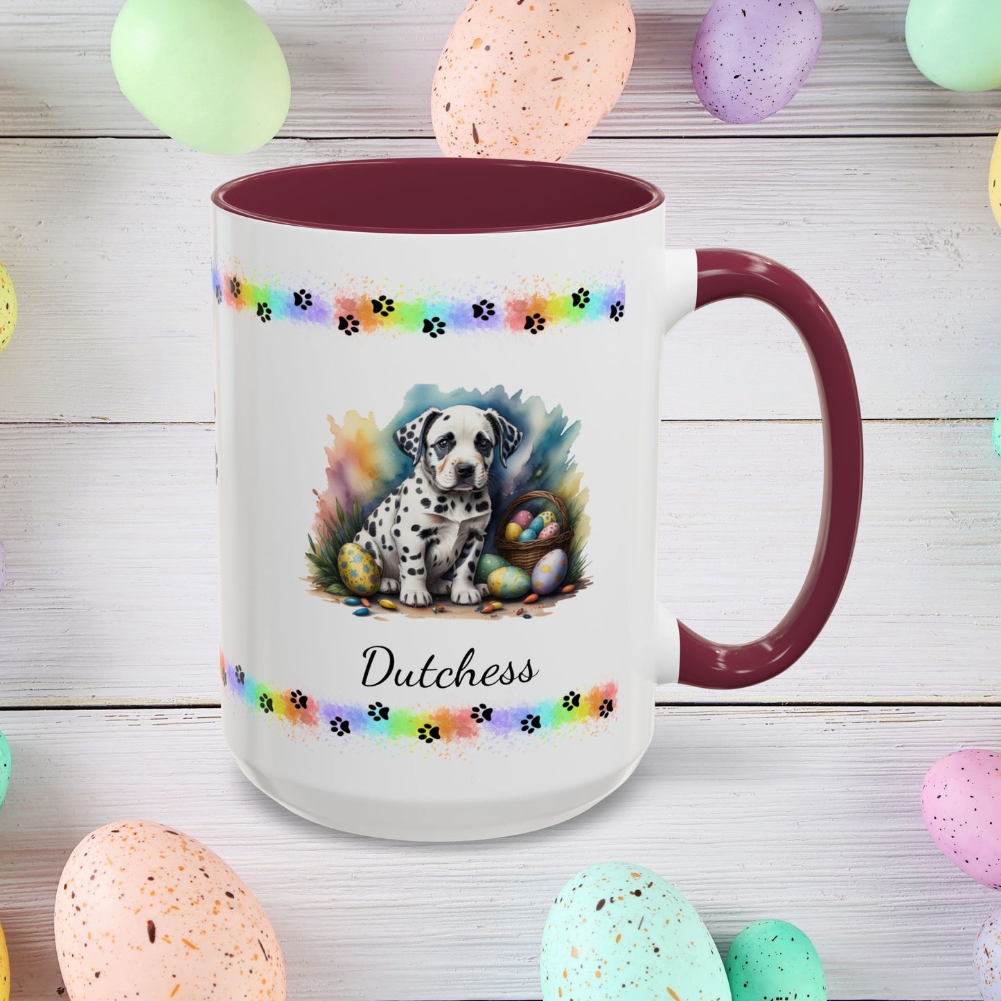 Dalmatian Easter puppy coffee mug, personalized cute dog gift for mental health support and cozy mornings