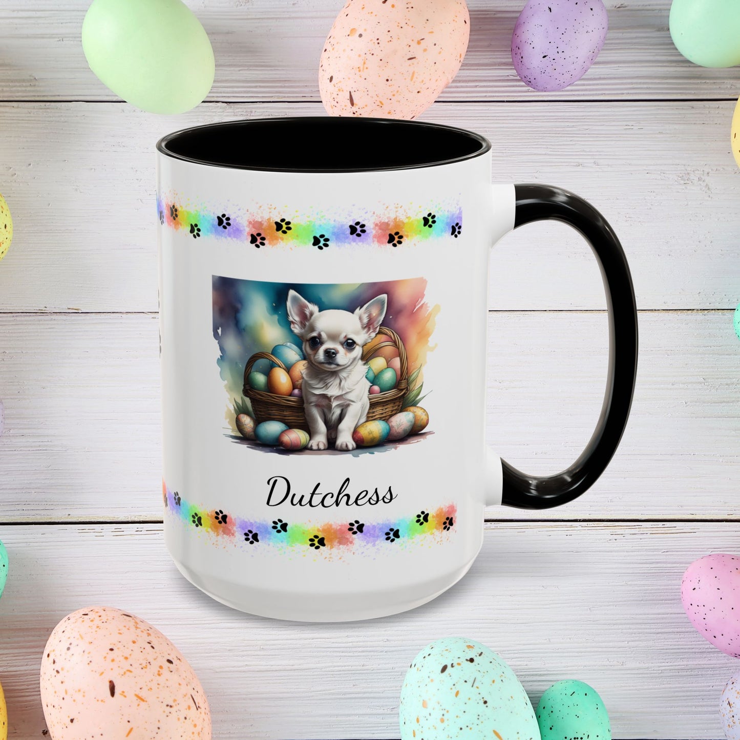 Chihuahua White personalized Easter puppy mug, cute dog coffee cup, mental health awareness gift for dog lovers
