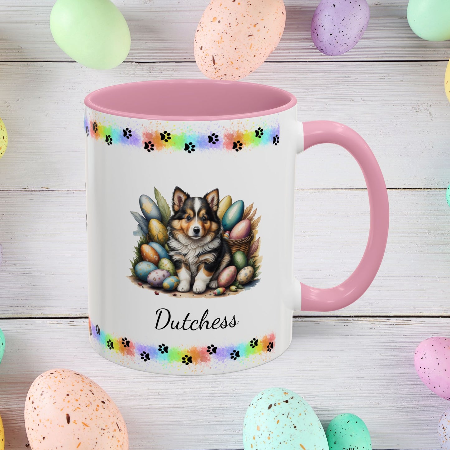 Shetland Sheepdog Easter puppy coffee mug personalized cute dog design, great for mindful mornings and Easter décor.