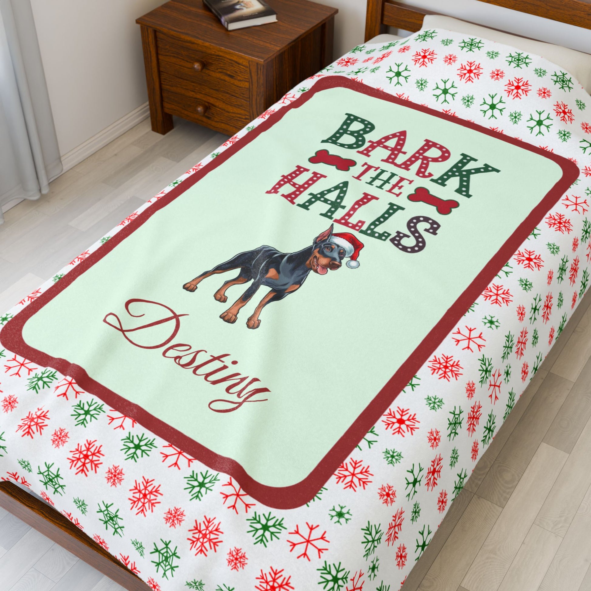 Doberman Pinscher Blue and Rust custom velveteen dog blanket Bark The Halls festive Christmas throw for pet lovers