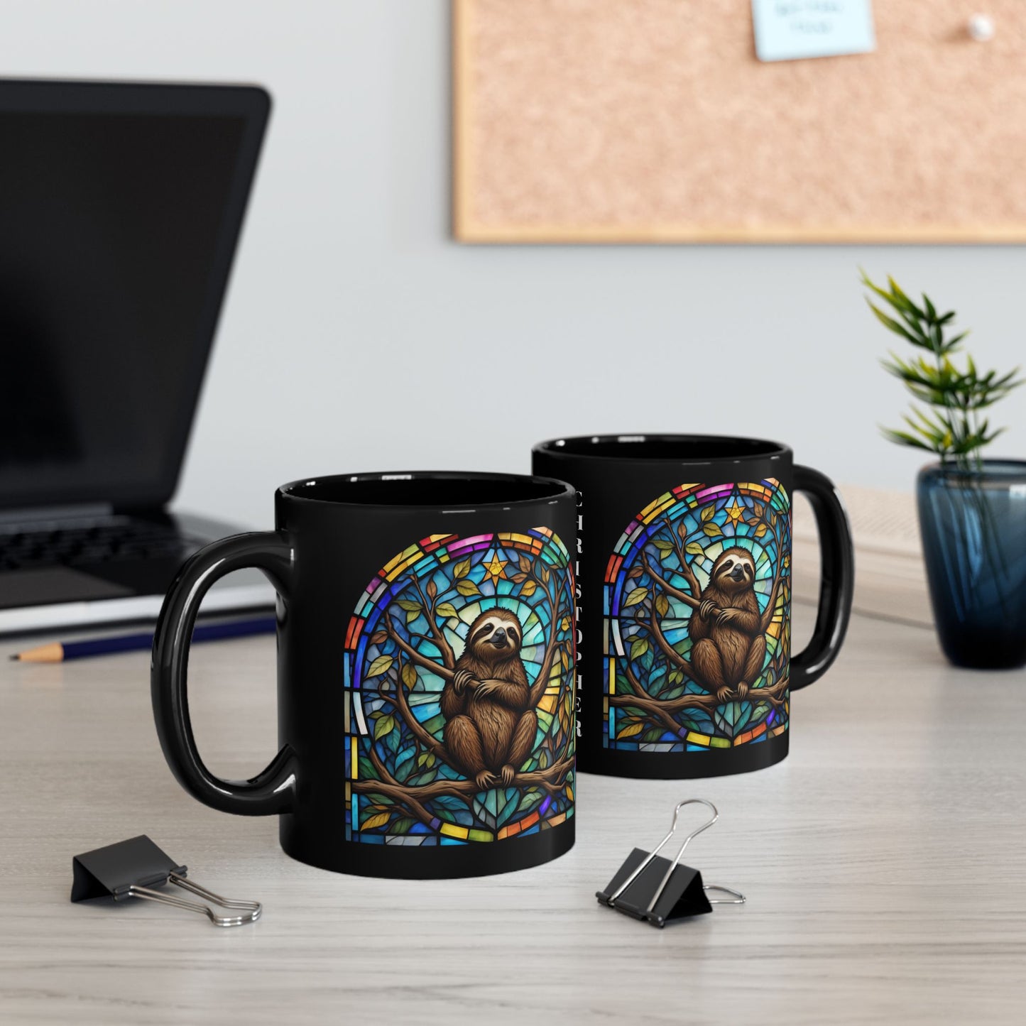 Sloth personalized stained glass mug for coffee, tea, or hot chocolate, unique wildlife gift.