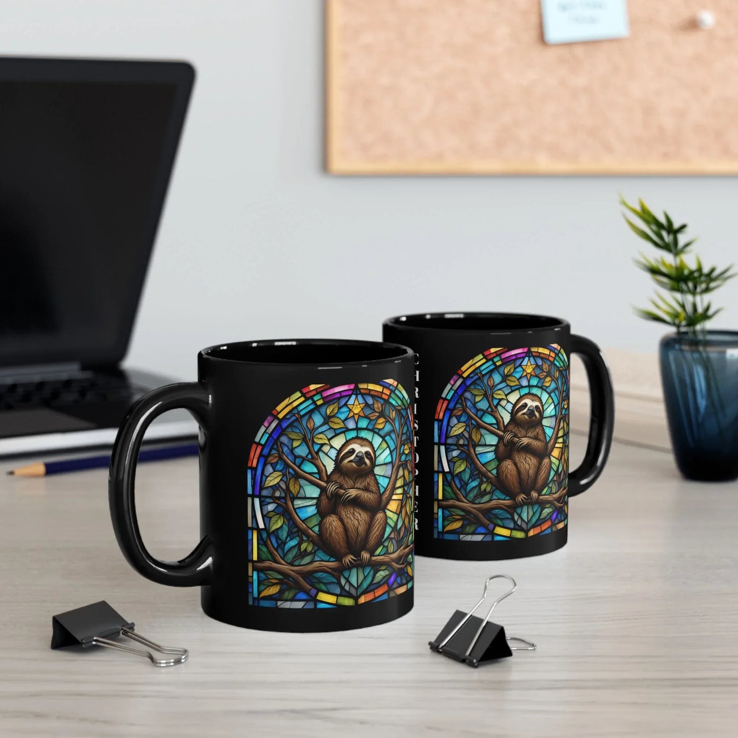 Shop our premium sloth stained glass zoo animals ceramic black mug from MySisterIsASurvivor.