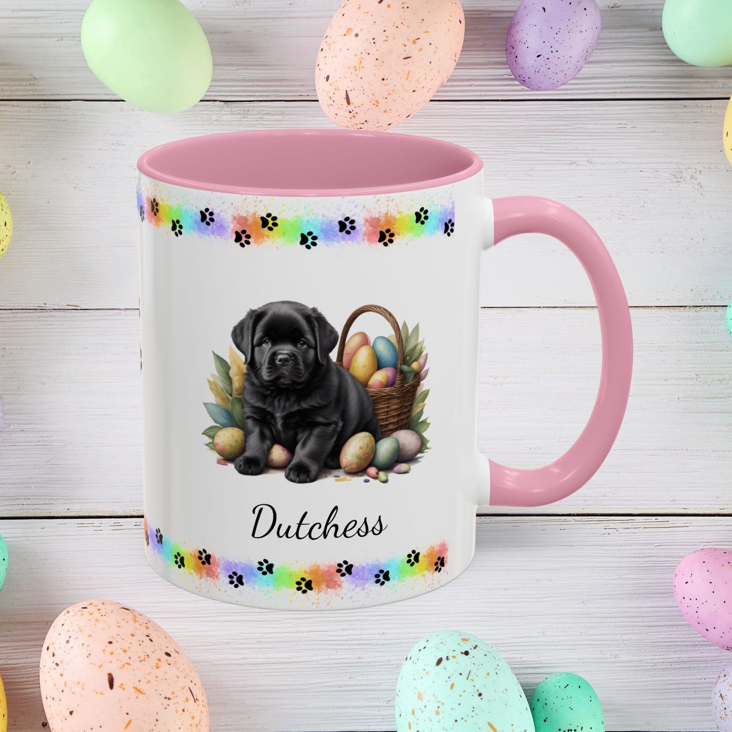 Newfoundland Black Easter puppy coffee mug, personalized cute dog gift for mental health awareness and cozy sipping