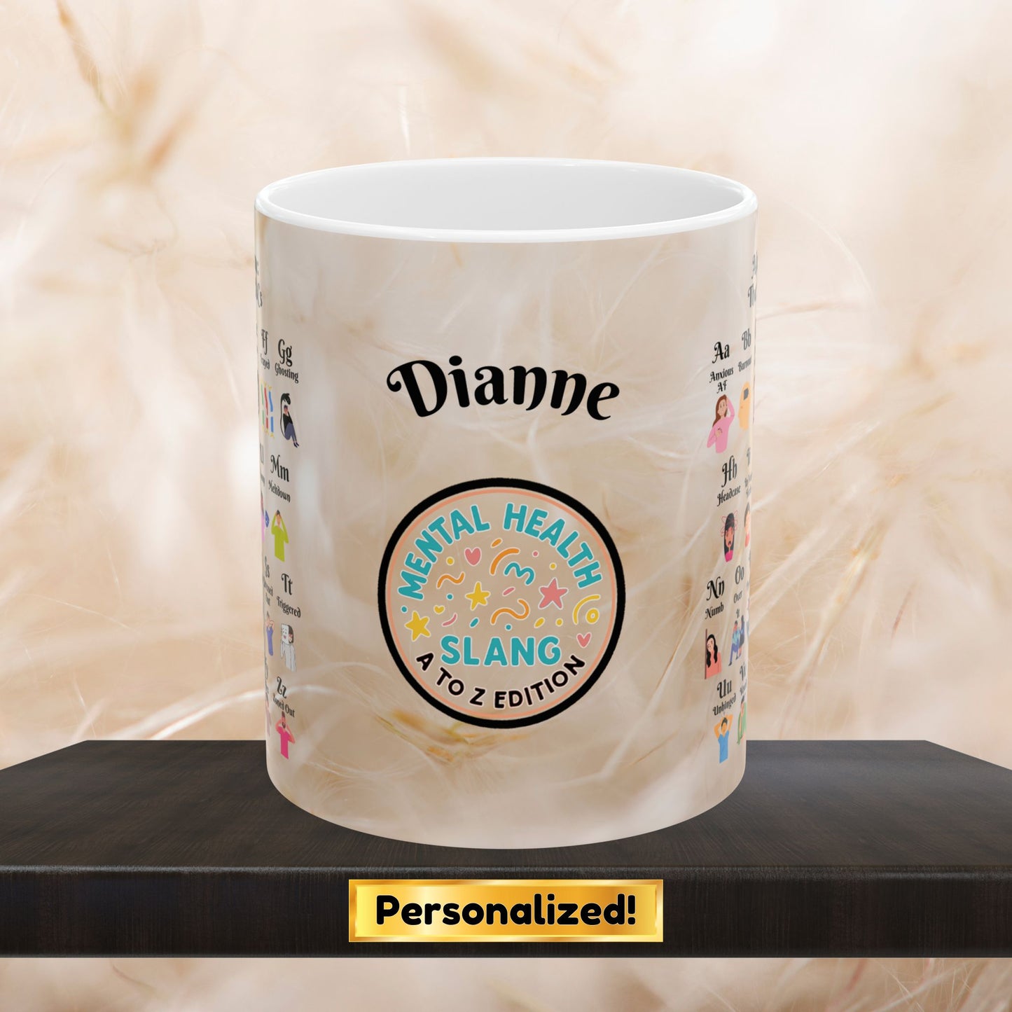 Personalized Alphabet Soup Mug with A to Z Mental Health Slang in bold colors, perfect for therapy support and self-care routines.