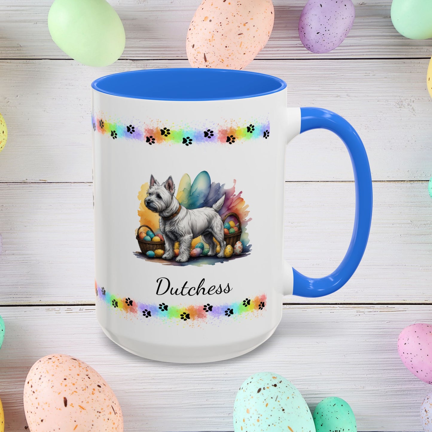 West Highland Terrier Easter puppy coffee mug personalized gift, perfect for Easter mornings and mental health awareness.