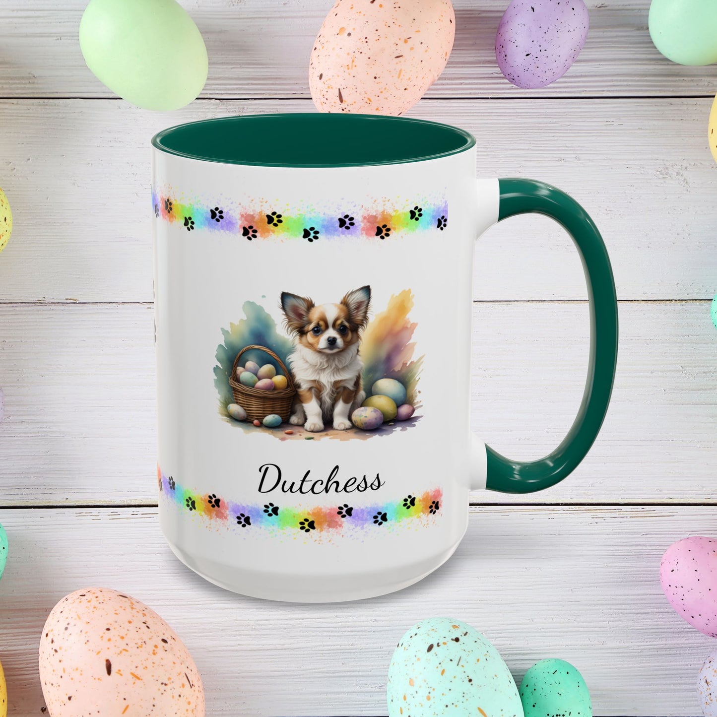 Papillon Brown & White Easter puppy coffee mug, personalized cute dog gift for mental health awareness and comfort